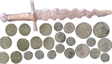 Kultovní mečík a poklad stříbrných mincí